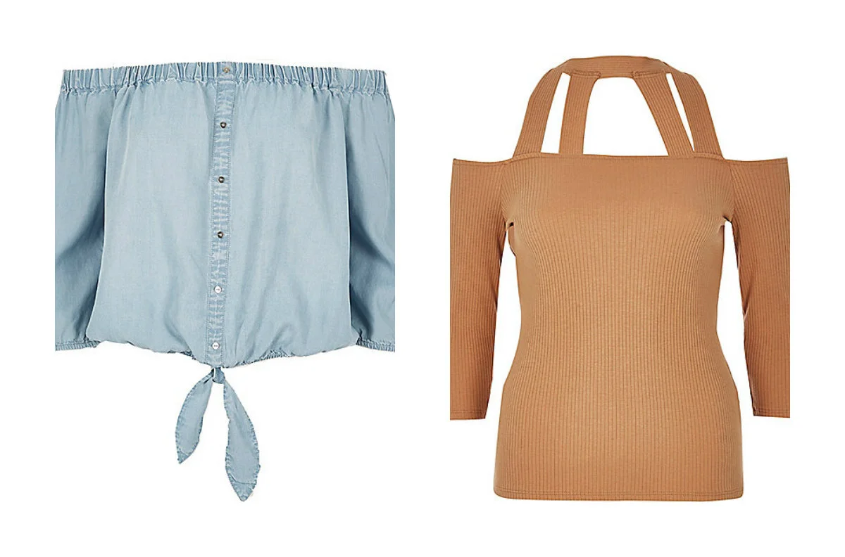 Jeansowa bluzka na guziki - River Island, około 140 zł, jerseyowa bluzka z ramiączkami - River Island, około 100 zł