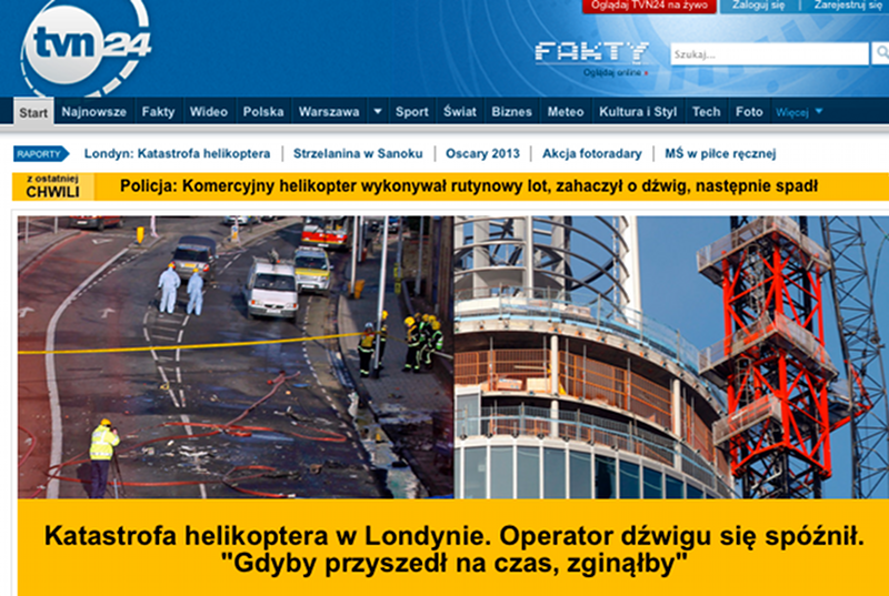 Relacja z katastrofy śmigłowca w Londynie.