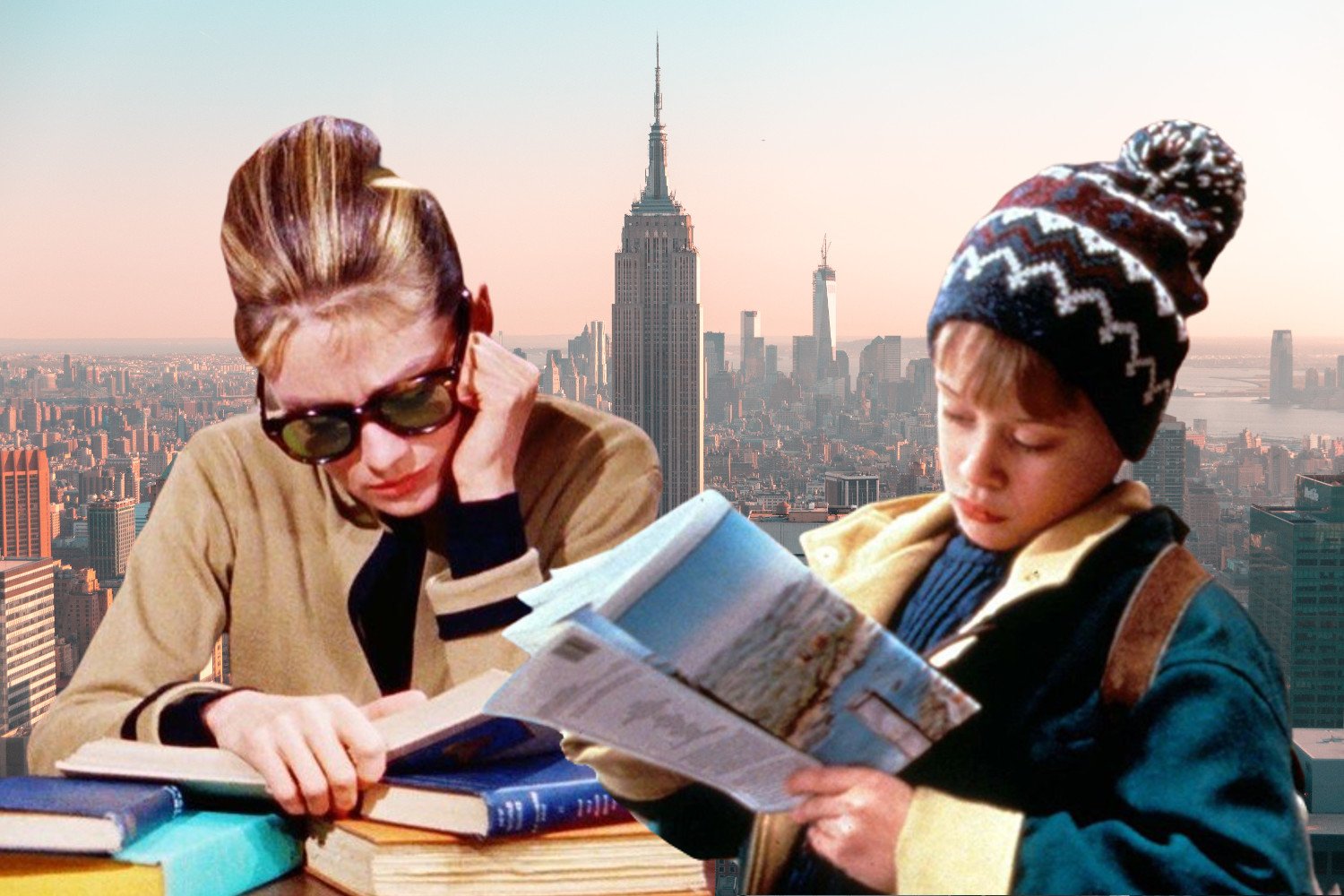 kadr z filmów "Śniadanie u Tiffany'ego" i "Kevin sam w Nowy, Jorku", w tle Nowy Jork