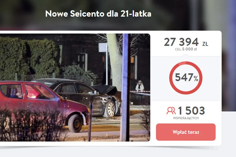 Internauci zbierają na nowe seicento dla młodego kierowcy z Oświęcimia, bo "przy całym nagłośnieniu sprawy ciężko będzie mu odzyskać wrak auta, jak obecnie rządzącym wrak samolotu"