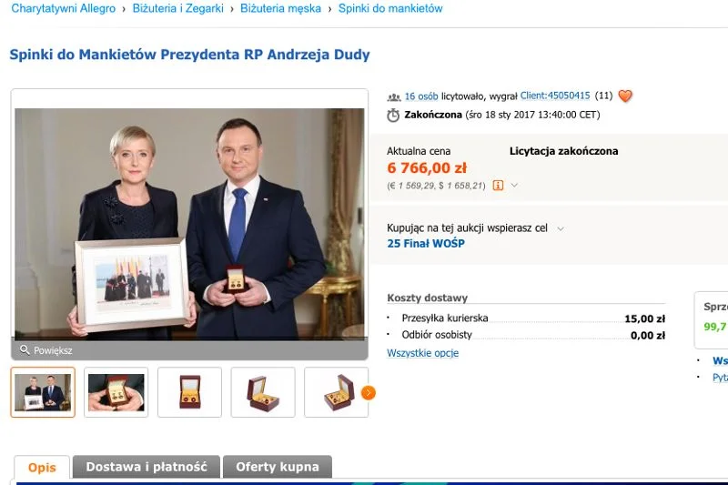 Spinki do mankietów prezydenta Andrzeja Dudy sprzedano za 6 766 zł