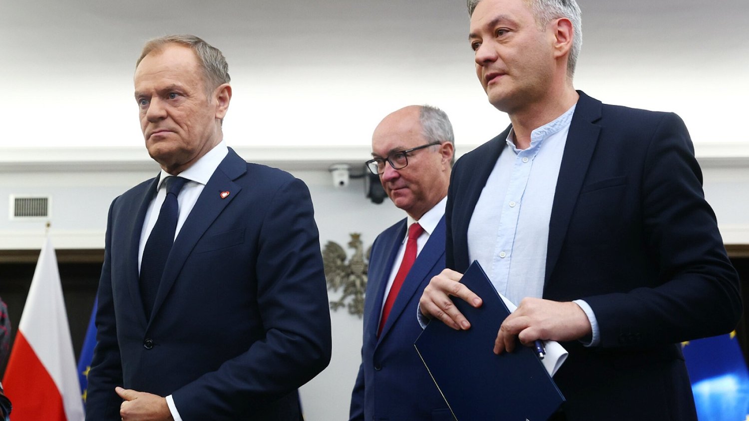 Donald Tusk, Robert Biedroń i Włodzimierz Czarzasty podczas negocjacji koalicyjnych.