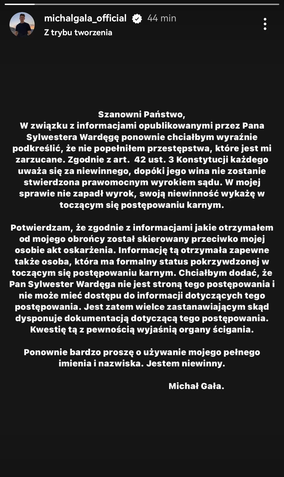 Wardęga pokazał zdjęcia aktu oskarżenia Michała Gały, a on odpowiedział. "Jestem niewinny"