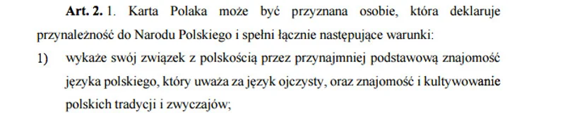 Ustawa z dnia 7 września 2007 r. o Karcie Polaka; fragment dotyczący warunków uzyskania Karty Polaka.