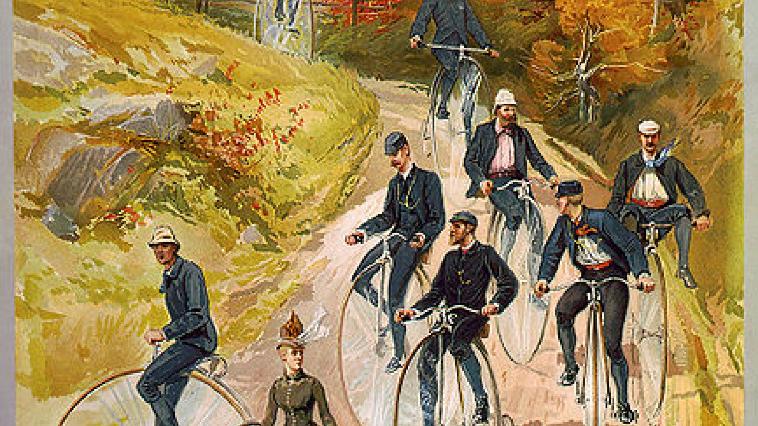 "Kolarstwo", print z 1887r prezentujący społecznie akceptowalną pozycję i strój rowerowy dla kobiety.
