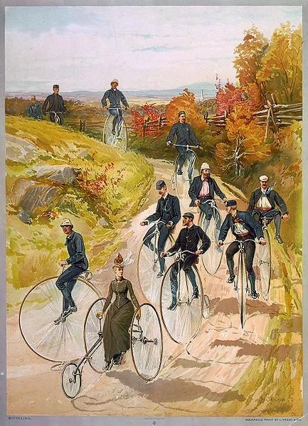 "Kolarstwo", print z 1887r prezentujący społecznie akceptowalną pozycję i strój rowerowy dla kobiety.