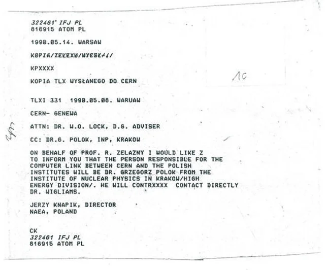 Telex do CERN z PAA informujący o wyznaczeniu osoby odpowiedzialnej za łączność komputerową pomiędzy CERN i polskimi instytucjami – 08.05.1990