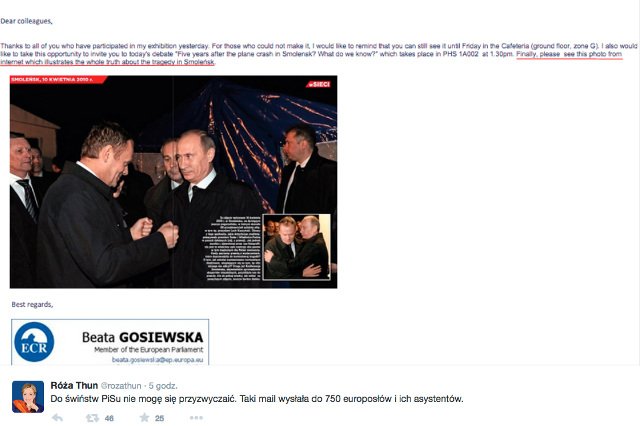 Beata Gosiewska wysłała europosłom zdjęcia przedstawiające Donalda Tuska i Władimira Putina