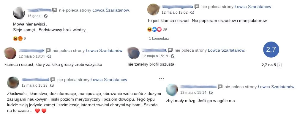 Zwolennicy teorie spiskowych wystawiają Łowcy Szarlatanów negatywne recenzje i komentarze