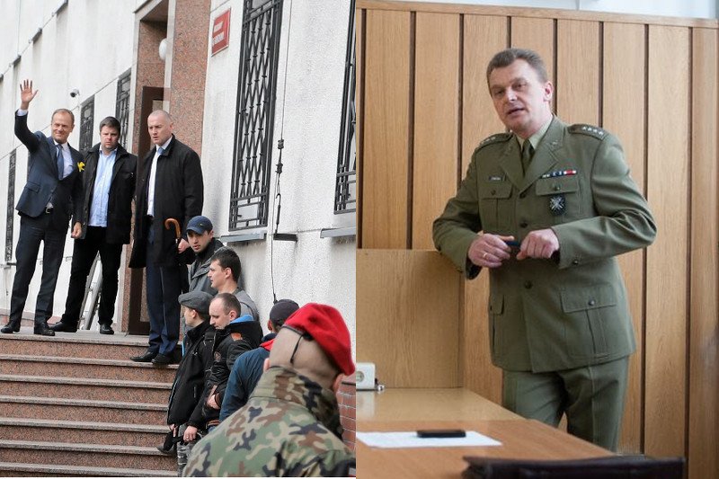 Donald Tusk przed przesłuchaniem ambitnego pułkownika Zarosy (po prawej). Zdjęcie oficera jeszcze z czasów gdy był kapitanem.