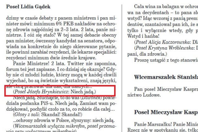 Zdjęcie stenogramu sejmowego z fragmentem dotyczącym słów posłanki PiS o lekarzach zamieścił dziennikarz RMF FM.