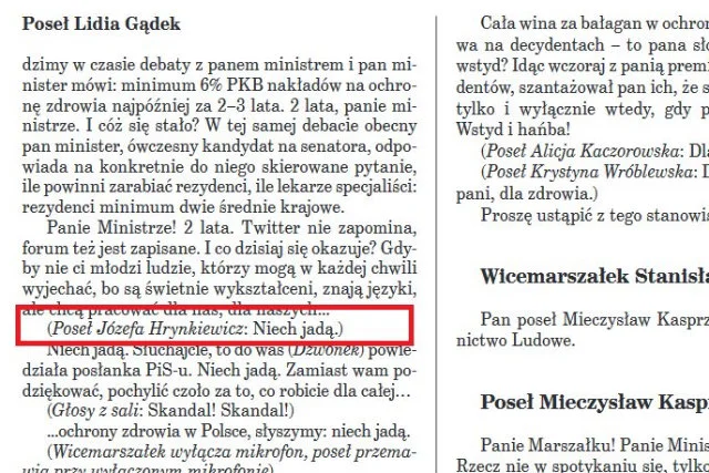 Zdjęcie stenogramu sejmowego z fragmentem dotyczącym słów posłanki PiS o lekarzach zamieścił dziennikarz RMF FM.