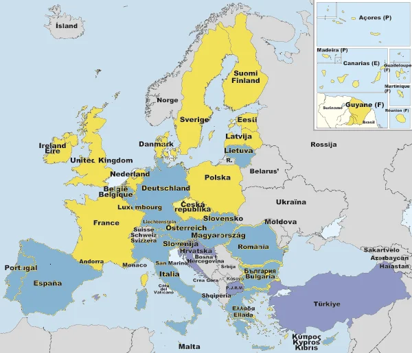 Kraje Unii Europejskiej uznające symbole UE (kolor niebieski) i nieuznające tych symboli (kolor żółty)