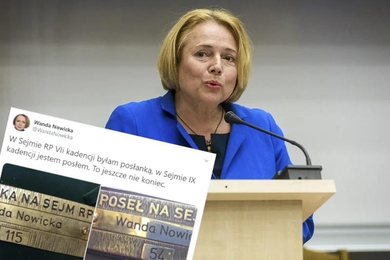Wanda Nowicka pokazała tabliczkę, jaką umieszczono na jej miejscu w Sejmie.
