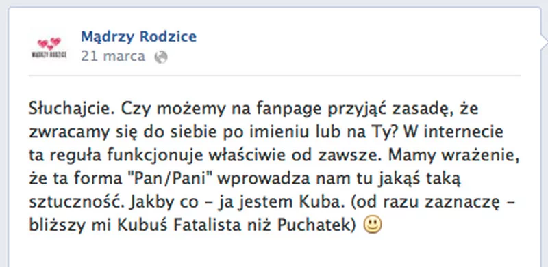 Jakub Ś. nie chce, aby czytelnicy strony i serwisu "Mądrzy Rodzice" wiedzieli, że to on prowadzi fanpage.