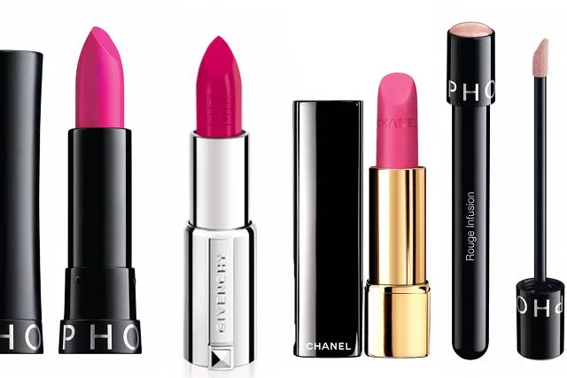 Od lewej: amarantowa Rouge Extension w kolorze Call Girl Sephora, biskupia Le Rouge w kolorze nr 205 Givenchy, różowa Rouge Allure Velvet w odcieniu La Diva Chanel, płynna w kolorze nude Rouge Infusion w odcieniu Beige Extract Sephora