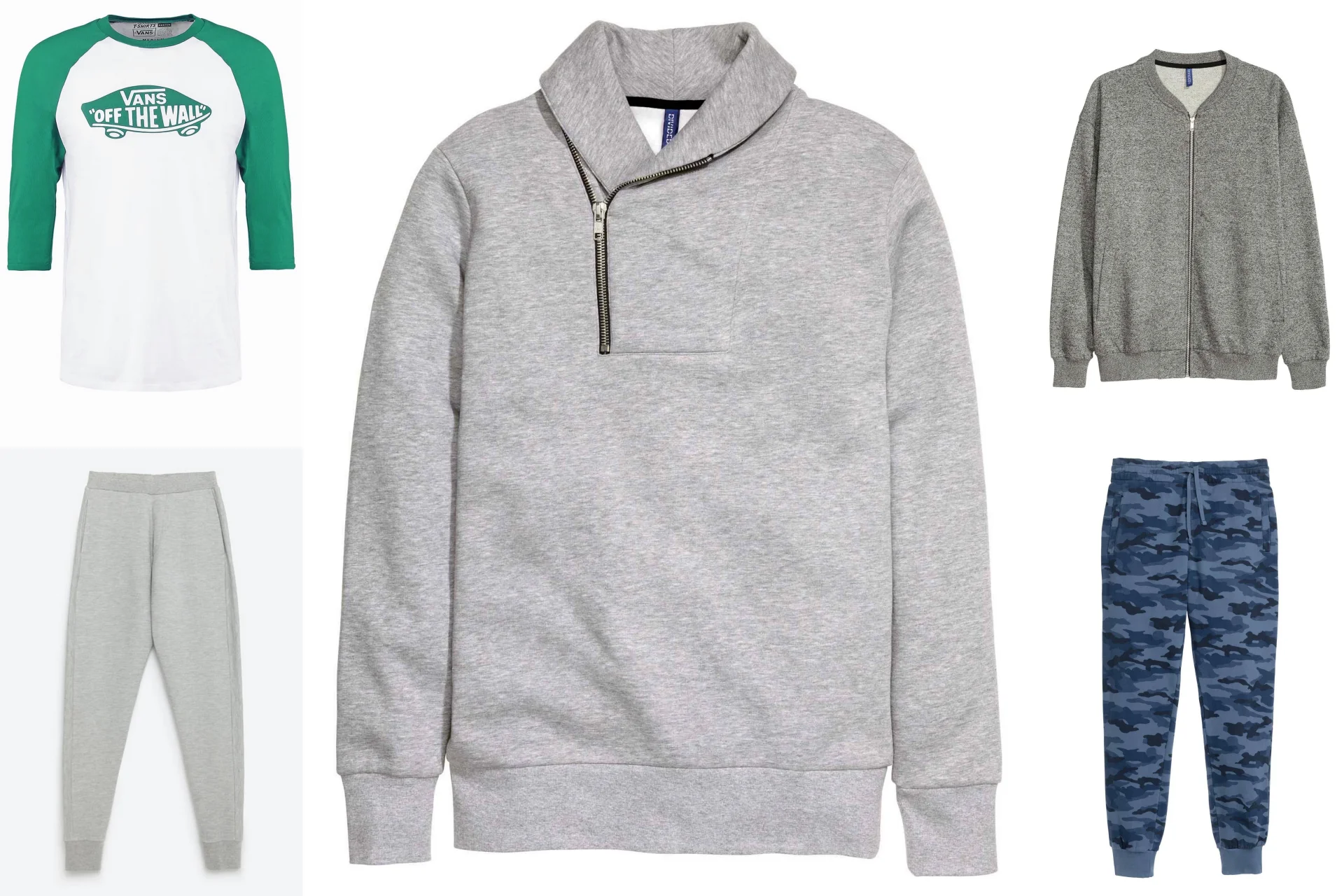 koszulka VANS 96,80, bluza z szalowym kołnierzem 99,90 H&M, bluza rozpinana 99,99 H&M, szare spodnie dresowe ZARA 89,90, spodnie dresowe moro H&M 99,90
