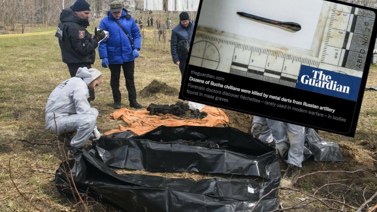 Ekshumacja ciał spalonych cywilów z masowego grobu w Buczy