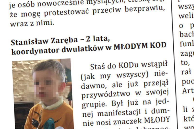 Biuletyn Komitetu Obrony Demokracji "DEKODER" instrumentalnie wykorzystuje 2-letnie dziecko, które przedstawiane jest jako koordynator w MŁODYM KOD.