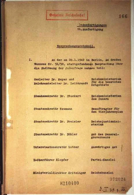 Strona protokołu z listą uczestników Konferencji w Wannsee.