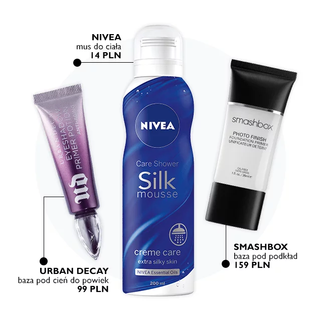 Urban Decay baza pod cień do powiek, Nivea myjący mus pod prysznic, baza pod podkład Smashbox