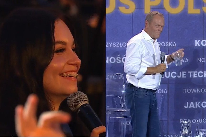 Rafał Trzaskowski i Donald Tusk byli zaskoczeni i rozbawieni wystąpieniem jednej z uczestniczek Campusu Polska.