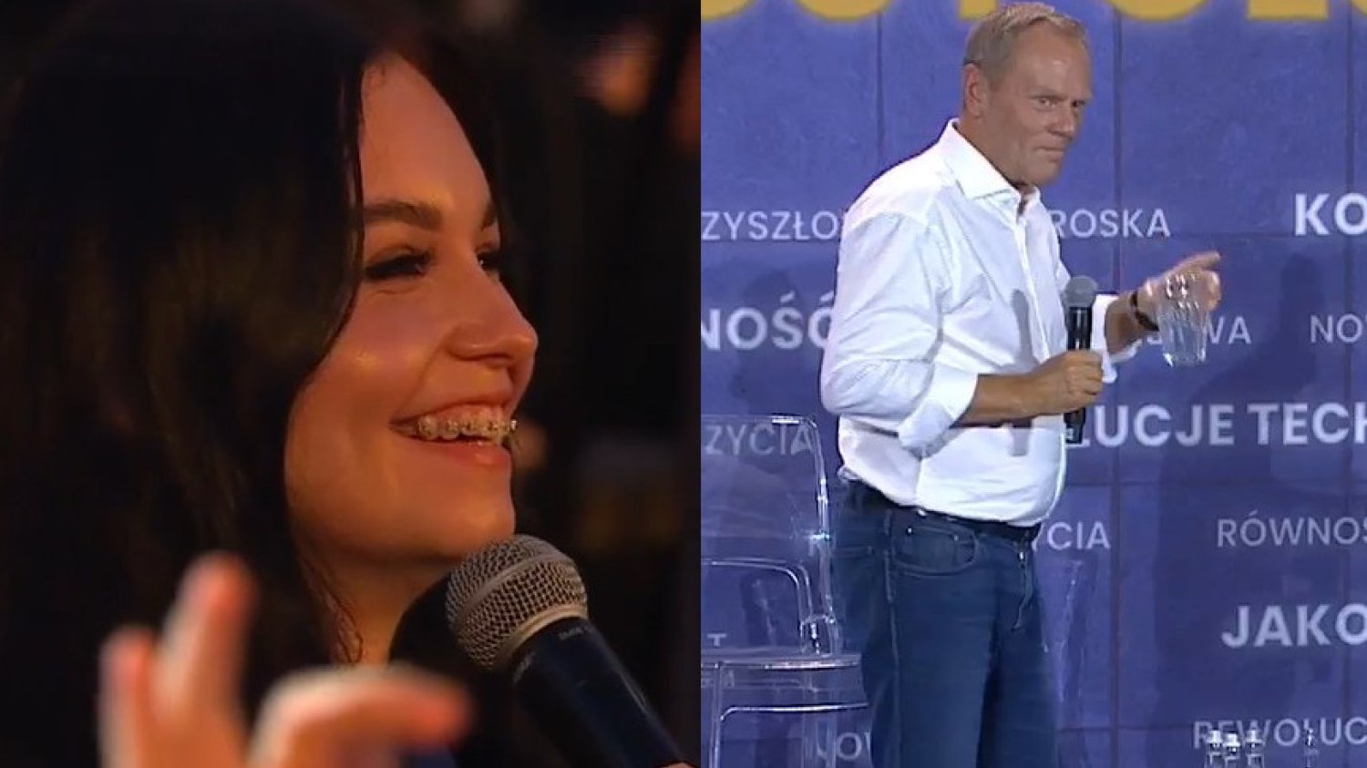 Rafał Trzaskowski i Donald Tusk byli zaskoczeni i rozbawieni wystąpieniem jednej z uczestniczek Campusu Polska.