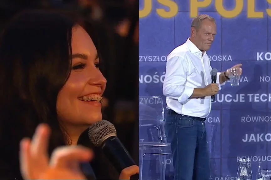 Rafał Trzaskowski i Donald Tusk byli zaskoczeni i rozbawieni wystąpieniem jednej z uczestniczek Campusu Polska.
