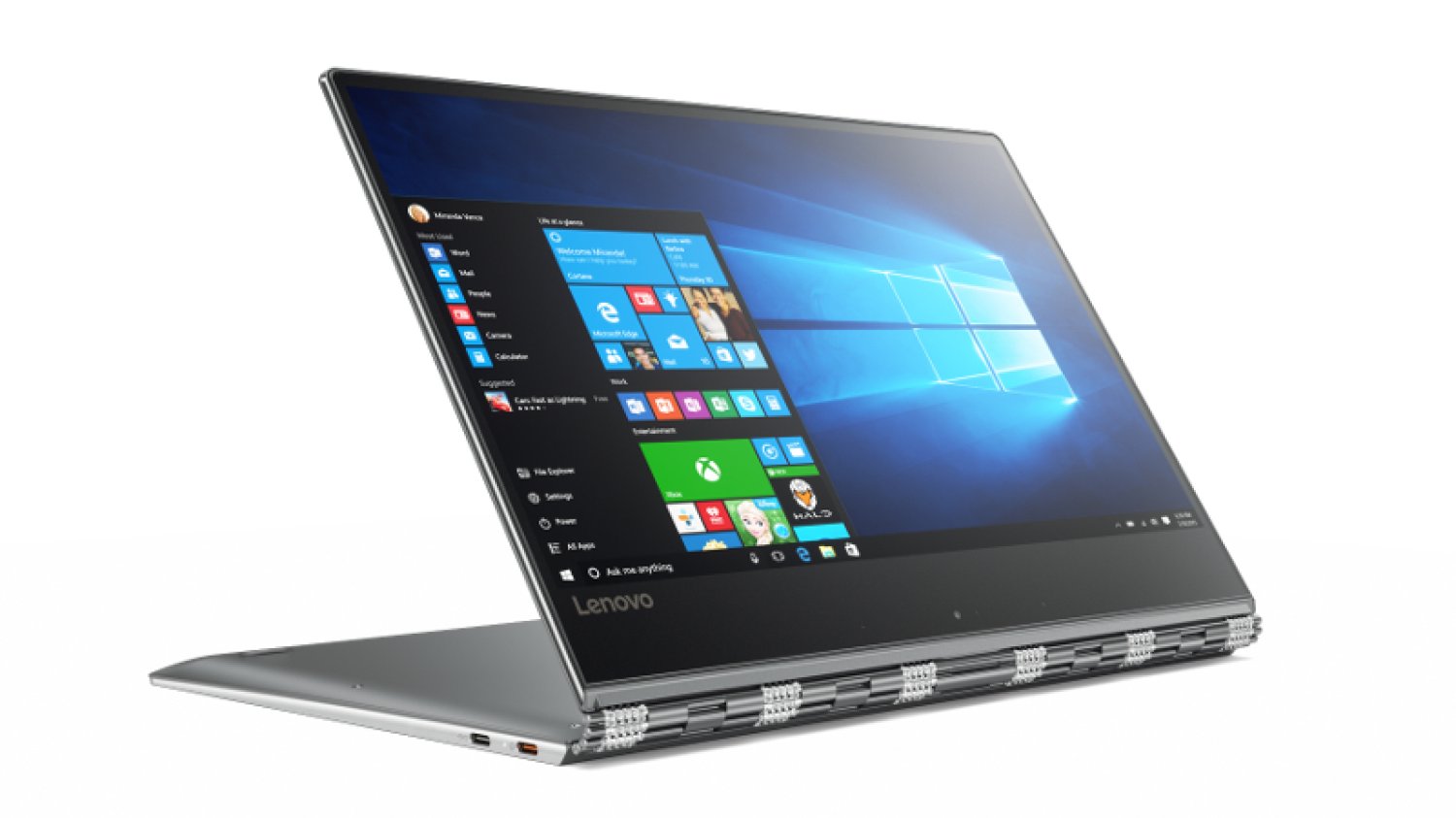 Yoga 910, z ekranem 4K i praktycznie niewidocznymi ramkami, to laptop, który można ustawić pod każdym kątem. Służy do tego specjalny zawias 360°