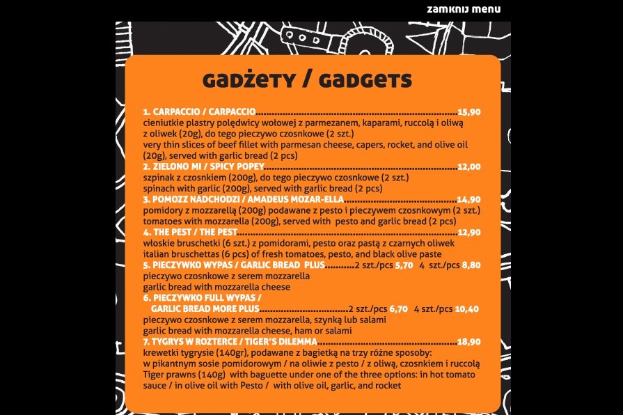 Fragment menu Fabryki Pizzy ze strony krakowskiej pizzeri