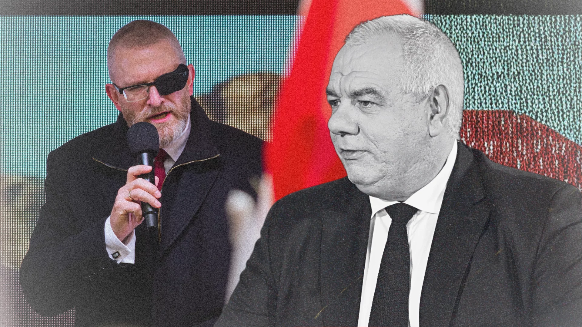 Jacek Sasin na pierwszym planie. W tle Grzegorz Braun.