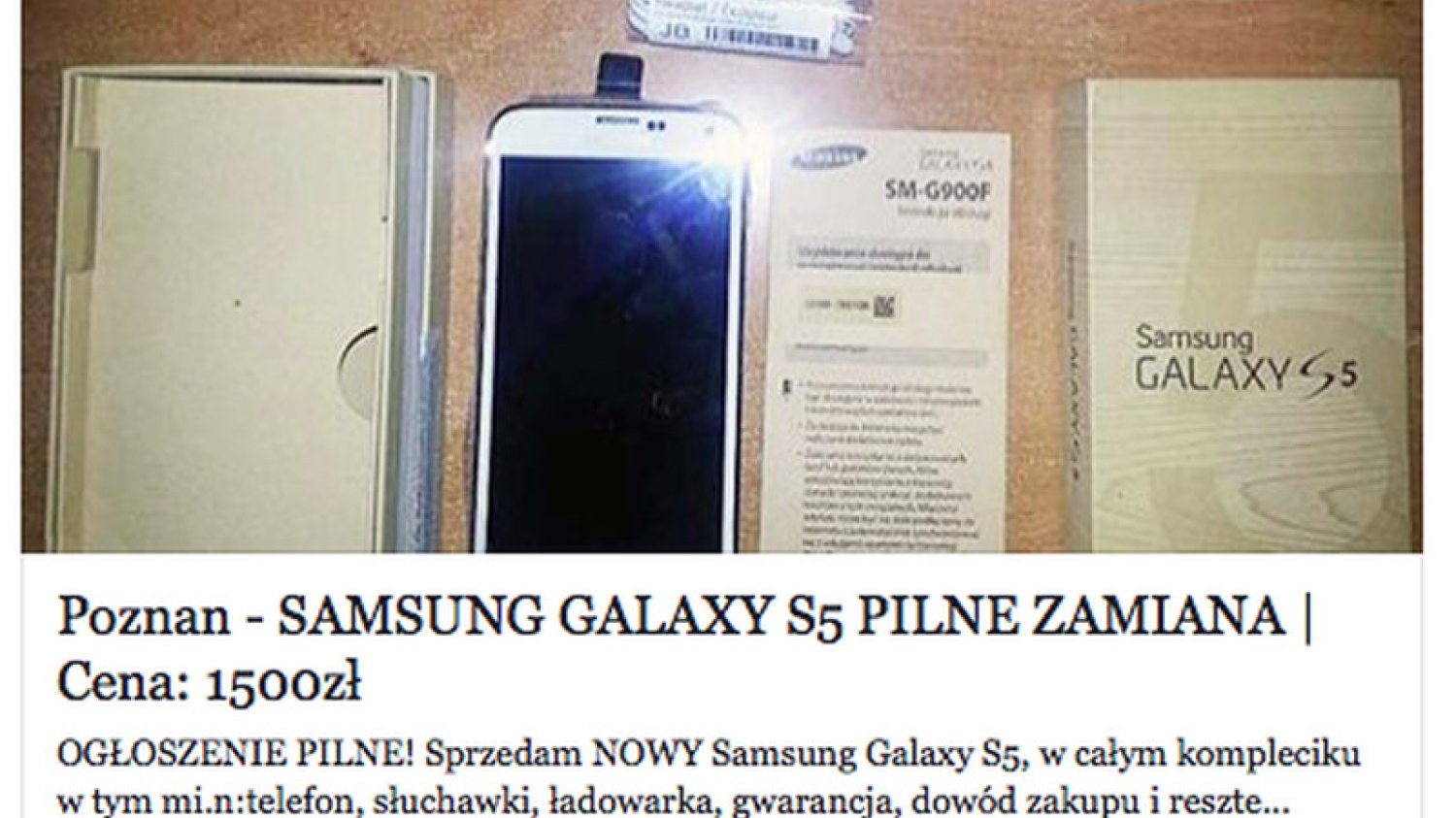 Samsung Galaxy S5 za 1500 zł – to fałszywa oferta, która publikuje informacje na facebookowych tablicach.