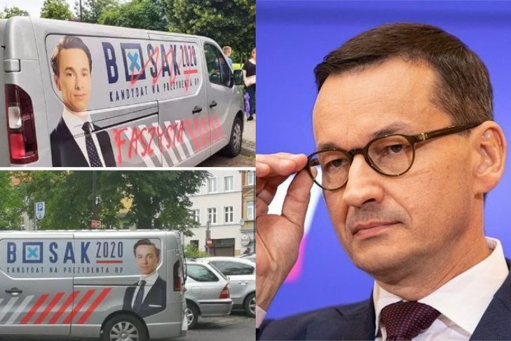 Mateusz Morawiecki zapowiedział interwencję ws. zdewastowania busa Krzysztofa Bosaka.