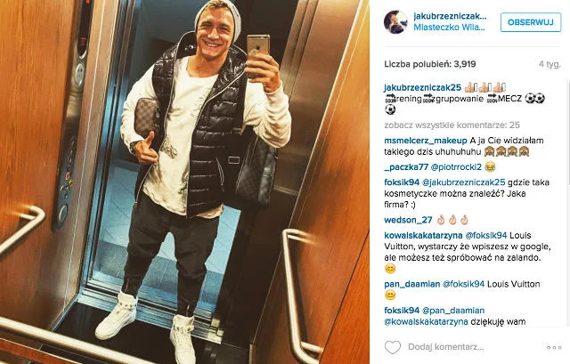 Jakub Rzeźniczak wie co dobre – upodobał sobie torebkę Louis Vuitton.