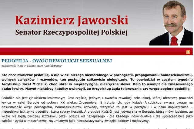 Senator Kazimierz Jaworski przekonuje, że pedofilia jest owocem rewolucji seksualnej