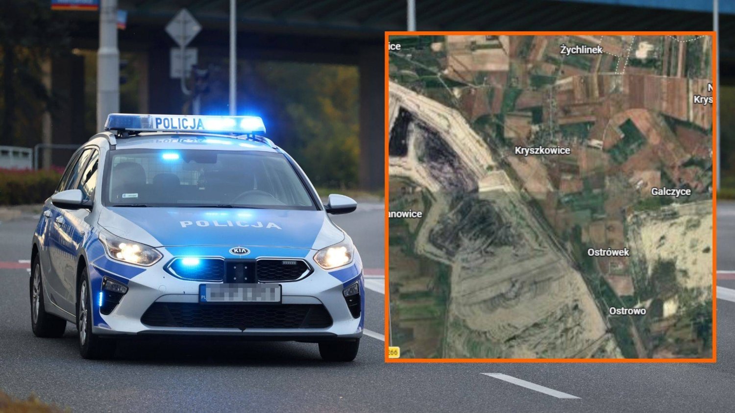 Dron w kopalni. Powiadomiono prokuraturę, Kosiniak-Kamysz ujawnia szczegóły Radiowóz policyjny, fragment map Google z miejscowością Galczyce
