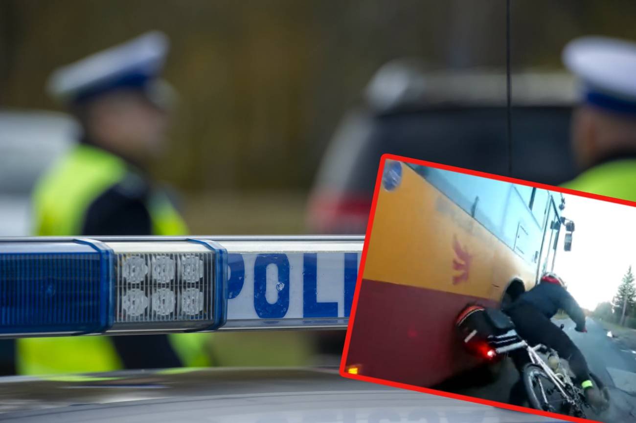Kierowca autobusu dosłownie zmiótł rowerzystę z jezdni.