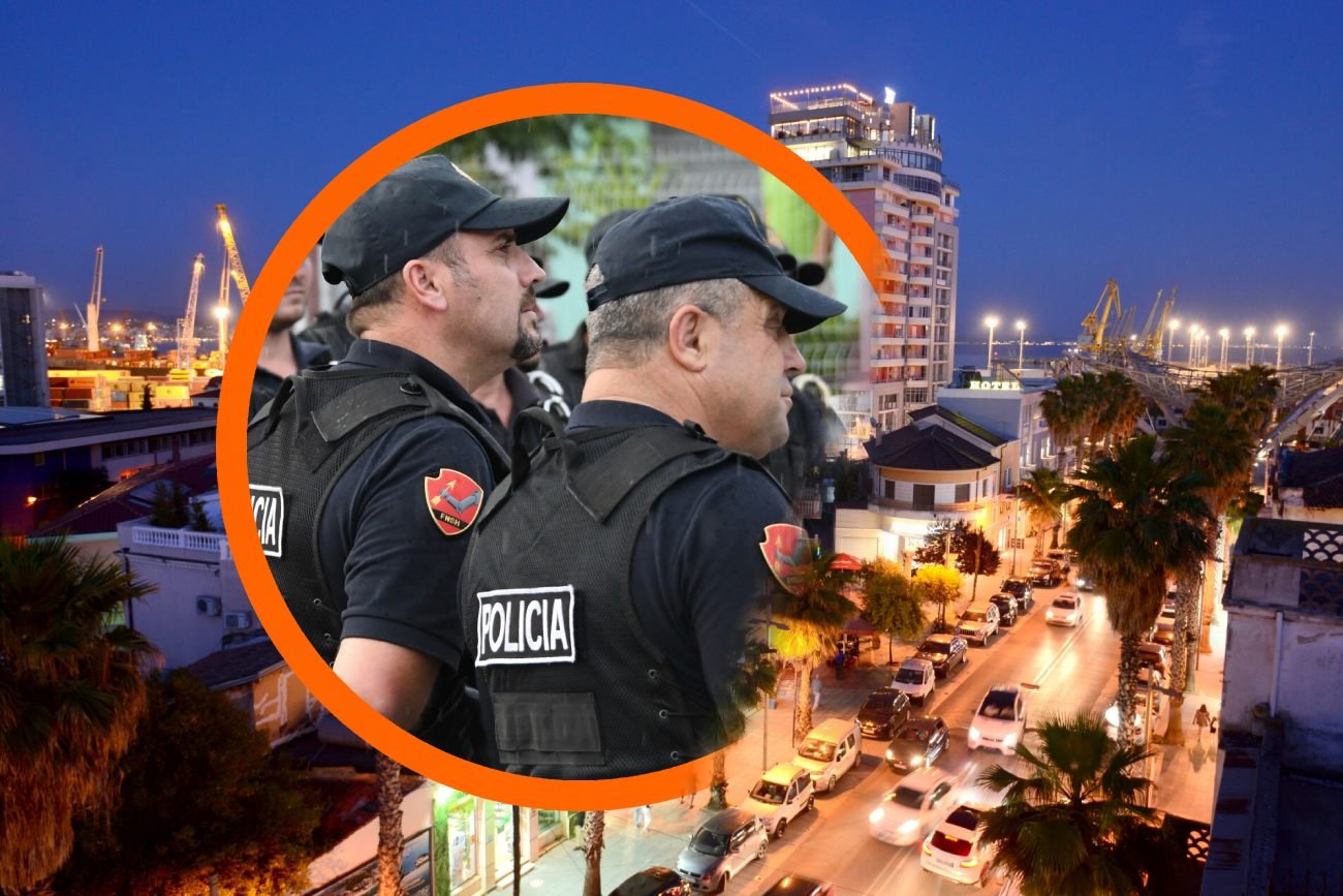 Albania. Policjanci, a w tle kurort Durres nad Adriatykiem.