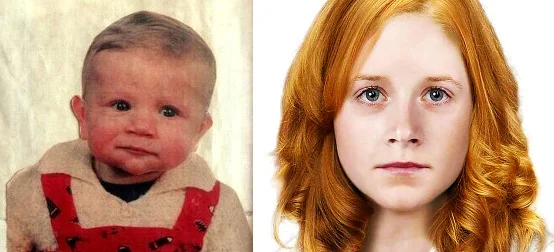 Monika Bielawska jako 1,5-roczne dziecko oraz jej wizualizacja po latach (jako 17-letnia dziewczyna).