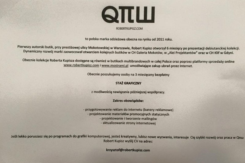 Praca za splendor i chwałę, czyli kariera u Roberta Kupisza. Znany projektant oferuje darmowy staż przez 3 miesiące