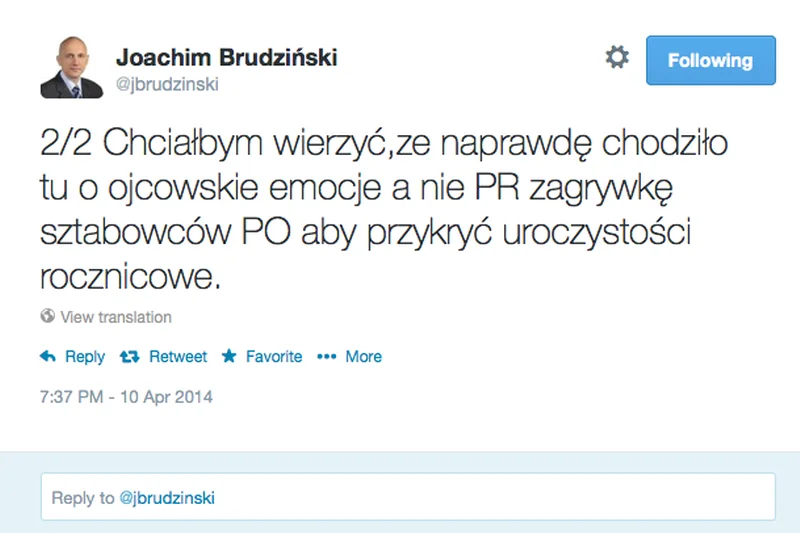 Wpis posła PiS Joachima Brudzińskiego na jego profilu na Twitterze.