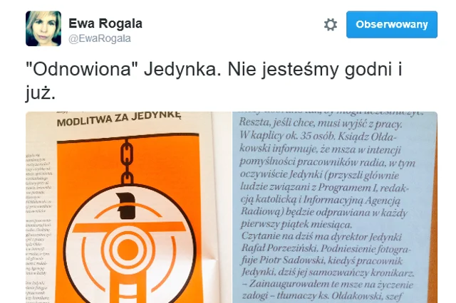 Była pracownica Polskiego Radia zwolniona w wyniku pisowskich czystek, zamieściła na Twitterze informację o klerykalizacji państwowej rozgłośni.