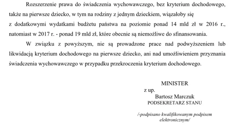 Odpowiedź Ministerstwa Rodziny, Pracy i Polityki Społecznej