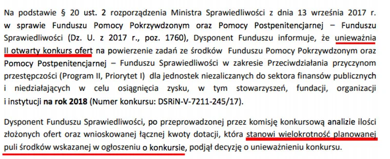 25 stycznia ministerstwo unieważniło konkurs ofert, bo uznało, że suma z wniosków przekracza sumę przewidzianą w konkursie.