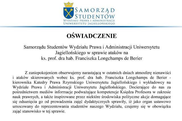 Fragment oświadczenia Samorządu Studentów WPiA UJ