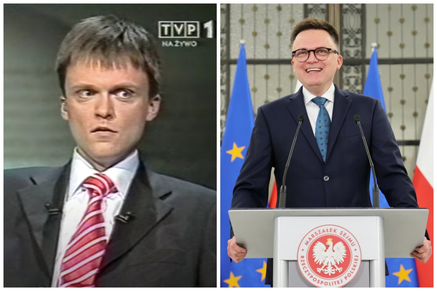 Fot. po lewej: fragment programu TVP "Po prostu pytam" z Szymonem Hołownią. Po prawej: 1. posiedzenie Sejmu X kadencji. Konferencja prasowa marszałka Sejmu Szymona Hołowni.