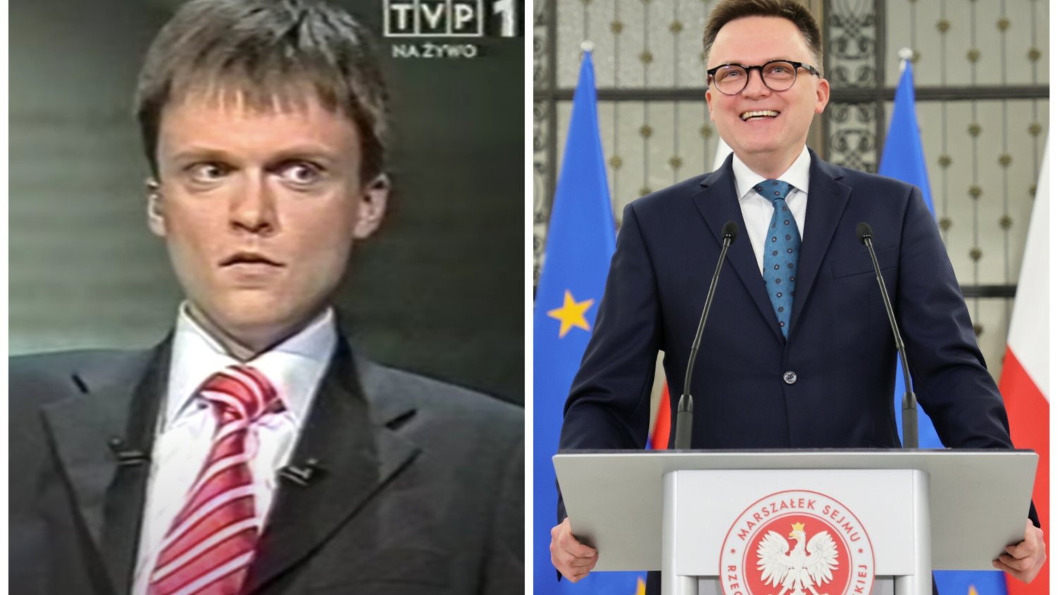 Fot. po lewej: fragment programu TVP "Po prostu pytam" z Szymonem Hołownią. Po prawej: 1. posiedzenie Sejmu X kadencji. Konferencja prasowa marszałka Sejmu Szymona Hołowni.