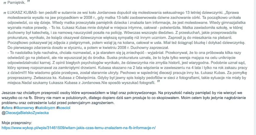 Internauci przepraszają duchownego z Oświęcimia za pomyłkę.