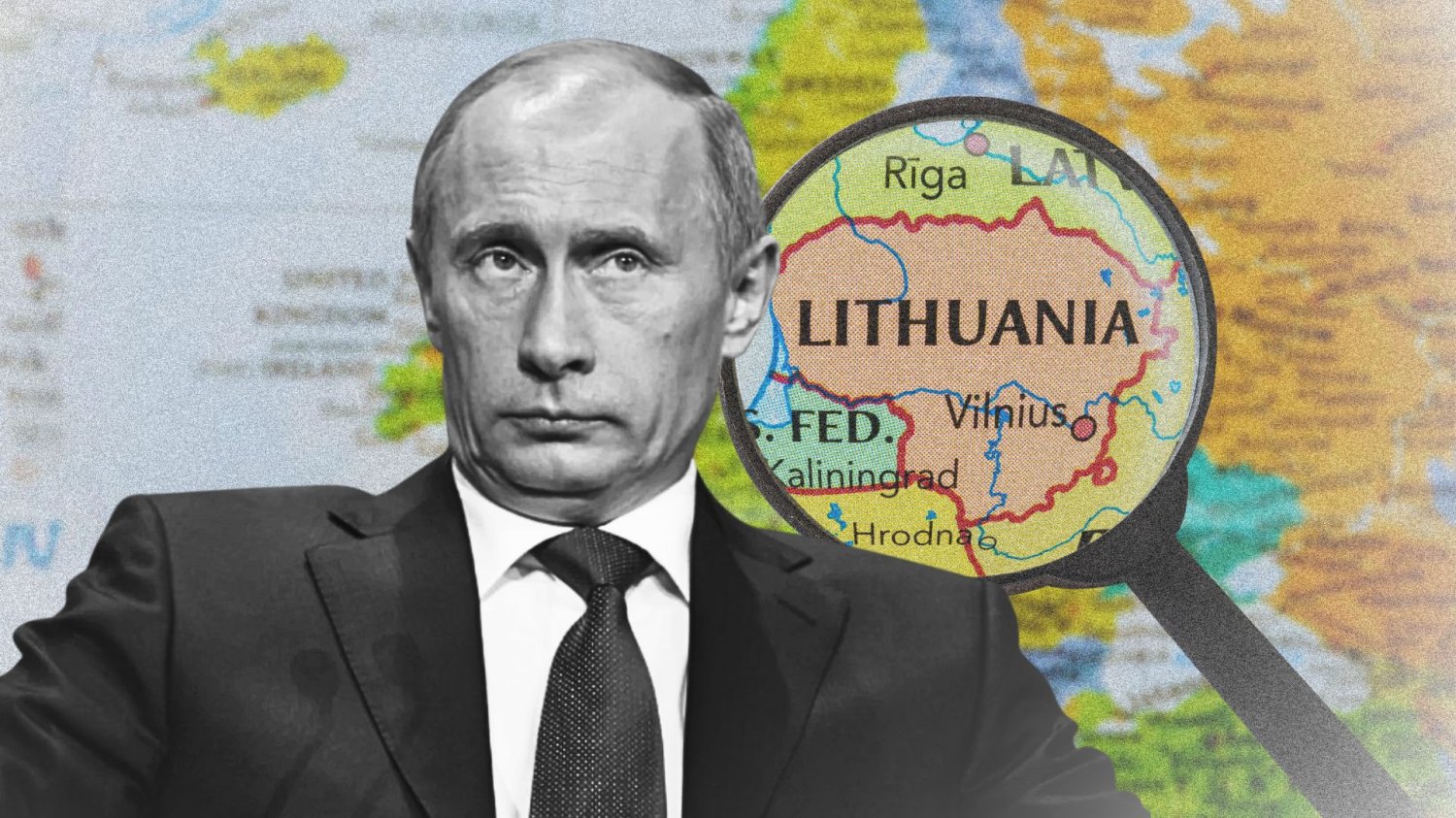 Władimir Putin spogląda na mapę Litwy w tle
