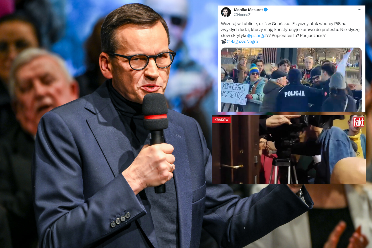 Sympatyk PiS zaatakował flagą osobę z transparentem. Na innym spotkaniu wypychano kobietę z sali